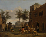 gerrit-adriaensz-berckheyde-1670-pogled-na-mesto-s-figurami-koze-in-vagon-pred-cerkvijo-umetniški-print-reprodukcija-likovne-umetnosti-stenska-umetnost-id-a8dgvc9ae