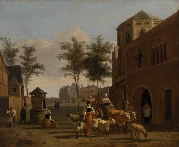 gerrit-adriaensz-berckheyde-1670-view-of-a-town-with-figures-goats-and-wagon-before-a-church-art-print-fine-art-reproduction-wall-art-id-a8dgvc9ae
