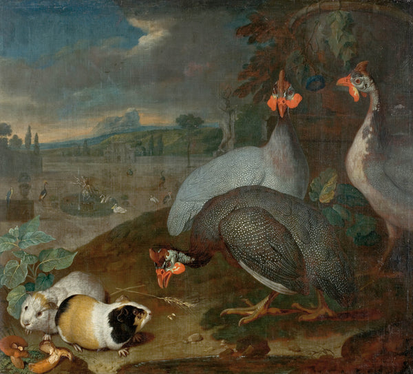philipp-ferdinand-de-hamilton-1725-guinea-fowl-with-guinea-pigs-art-print-fine-art-reproduction-wall-art-id-a8vmm0c26