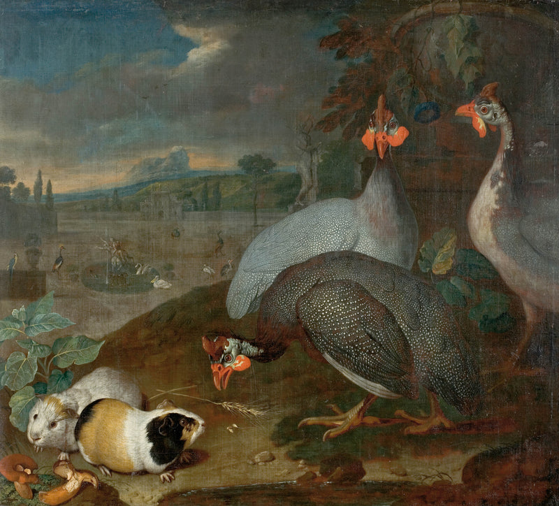 philipp-ferdinand-de-hamilton-1725-guinea-fowl-with-guinea-pigs-art-print-fine-art-reproduction-wall-art-id-a8vmm0c26