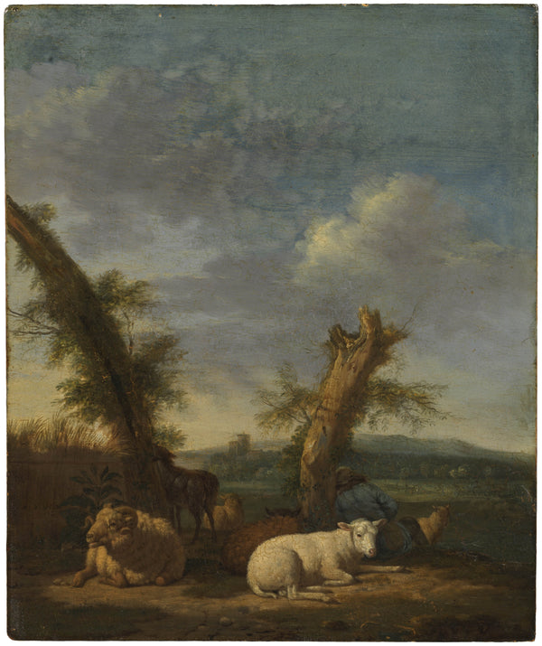 adriaen-van-de-velde-1657-landscape-with-sheep-and-a-sleeping-shepherd-art-print-fine-art-reproduction-wall-art-id-a8vqvun3h
