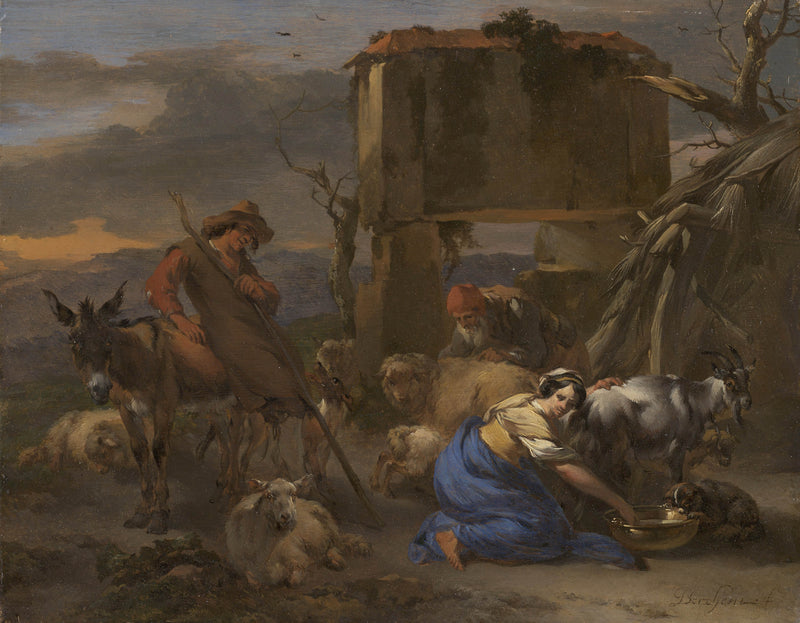 claes-pietersz-bercham-1670-pastoral-scene-with-a-shepherdess-milking-a-goat-art-print-fine-art-reproduction-wall-art-id-a9fqlwtzv