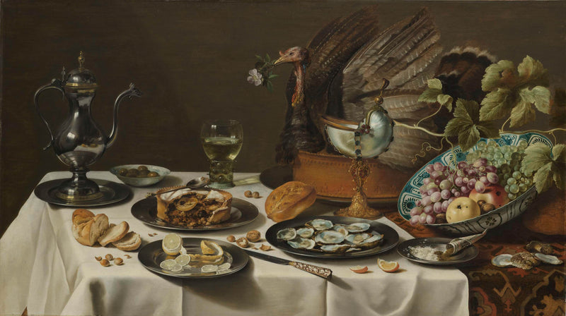 pieter-claesz-1627-still-life-with-a-turkey-pie-art-print-fine-art-reproduction-wall-art-id-a9ribm26g
