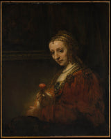 rembrandt-van-rijn-1660-vrou-met-'n-pienk-kunsdruk-fynkuns-reproduksie-muurkuns-id-aaed8r00j