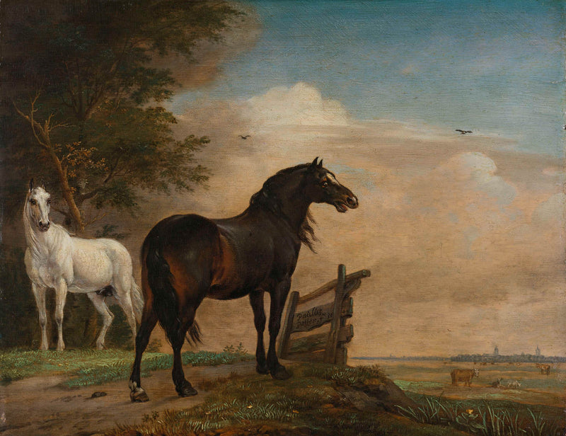 paulus-potter-1649-two-horses-in-a-meadow-near-a-gate-art-print-fine-art-reproduction-wall-art-id-aal1m7nia