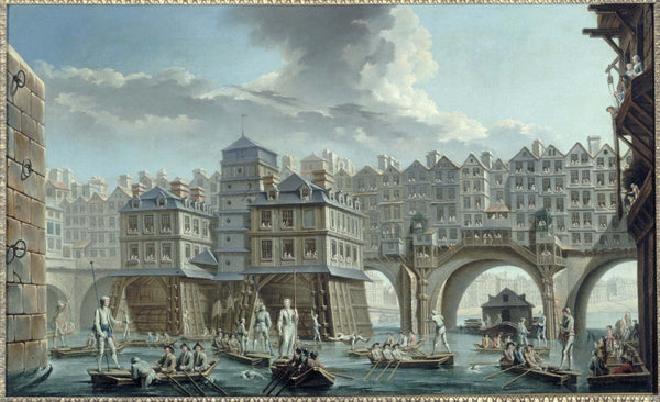 nicolas-jean-baptiste-raguenet-1756-the-joust-of-mariners-the-bridge-between-notre-dame-and-the-pont-au-change-art-print-fine-art-reproduction-wall-art