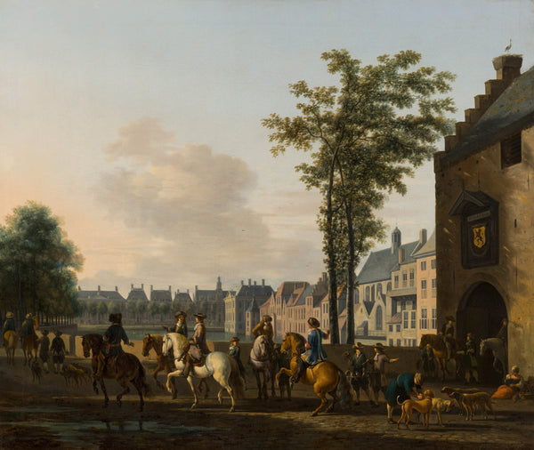 gerrit-adriaensz-berckheyde-1690-a-hunting-party-near-the-hofvijver-in-the-hague-seen-from-the-plaats-art-print-fine-art-reproduction-wall-art-id-aat1827gk
