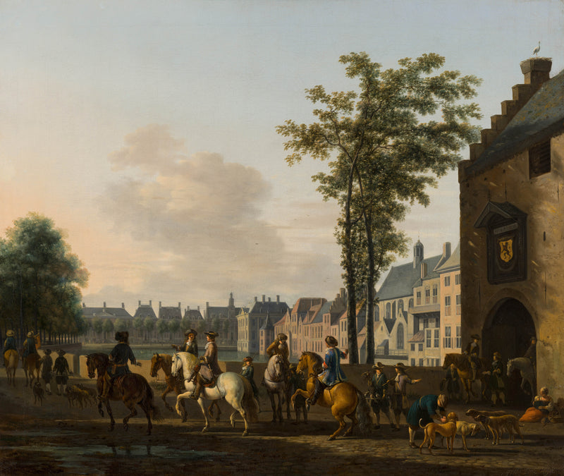 gerrit-adriaensz-berckheyde-1690-a-hunting-party-near-the-hofvijver-in-the-hague-seen-from-the-plaats-art-print-fine-art-reproduction-wall-art-id-aat1827gk