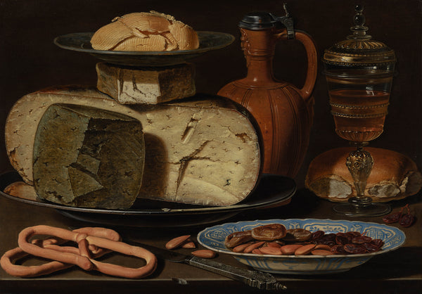 clara-peeters-1615-still-life-with-cheeses-almonds-and-pretzels-art-print-fine-art-reproduction-wall-art-id-ab2dkt74w