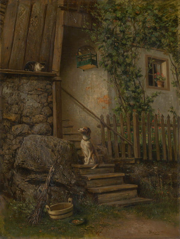 eduard-majsch-on-the-porch-dog-and-cat-art-print-fine-art-reproduction-wall-art-id-ab6ul9dhe