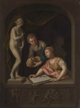 彼得·范德韋夫-1715-一個女孩繪畫和一個男孩在維納斯雕像附近藝術印刷美術複製牆藝術 id-abl16zf7t