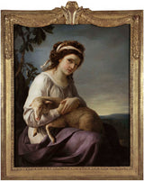 珍妮·路易丝·奈特·瓦尔兰1788年的肖像，一个年轻的女人，抱着一只羊羔的艺术印刷精美的艺术复制品墙上的艺术
