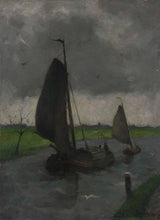 eduard-karsen-1885-curso de água-com-barcaças-à-vela-impressão-de-arte-reprodução-de-belas-artes-arte-de-parede-id-achege0sj