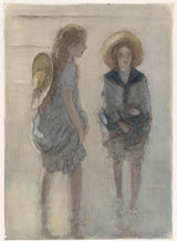 johan-antonie-de-jonge-1874-to-ben-badende-piger-med-store-stråhatte-kunsttryk-fine-art-reproduktion-vægkunst-id-adjol6sna
