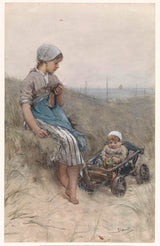 bernardus-johannes-blommers-1880-fiskerpige-med-barn-i-klapvogn-i-klitter-kunsttryk-fine-art-reproduktion-vægkunst-id-adk2ow6tu