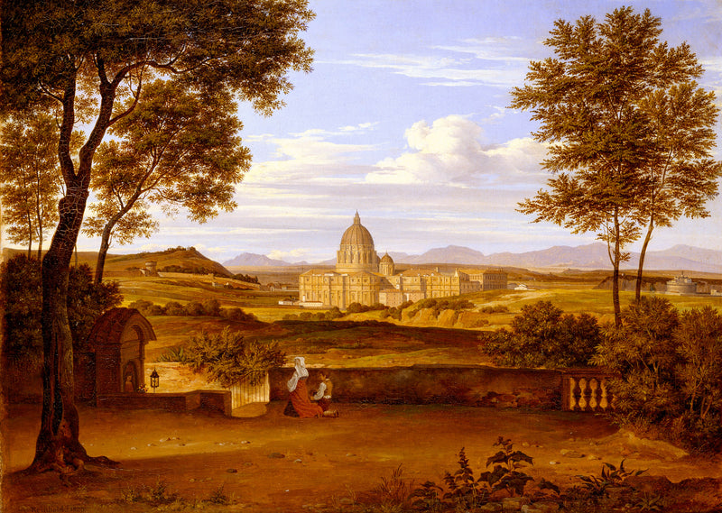 heinrich-reinhold-1823-view-of-st-peters-from-the-gardens-of-the-villa-doria-pamphili-art-print-fine-art-reproduction-wall-art-id-adqtvyqnl