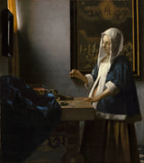 johannes-vermeer-1664-vrou-hou-'n-balans-kunsdruk-fynkuns-reproduksie-muurkuns-id-ae558n03k