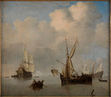 willem-le-jeune-van-de-velde-1675-lugnt-hav-två-små-holländska-cabotiers-förankrade-kant-till-kant-marinkonst-tryck-finkonst-reproduktion-väggkonst