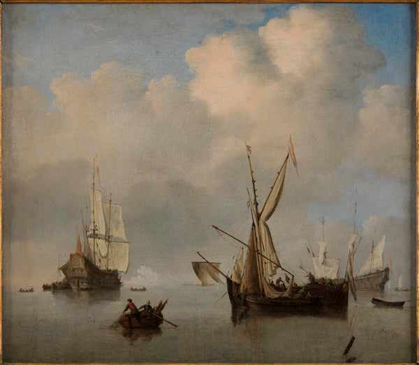 willem-le-jeune-van-de-velde-1675-calm-sea-two-small-dutch-cabotiers-anchored-edge-to-edge-marine-art-print-fine-art-reproduction-wall-art