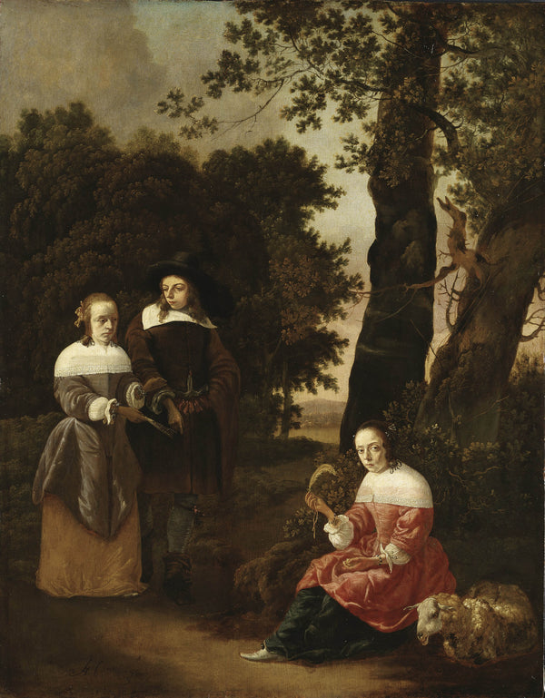 hendrick-van-der-burgh-1661-a-couple-and-a-shepherdess-in-a-landscape-art-print-fine-art-reproduction-wall-art-id-aeczq7kqa