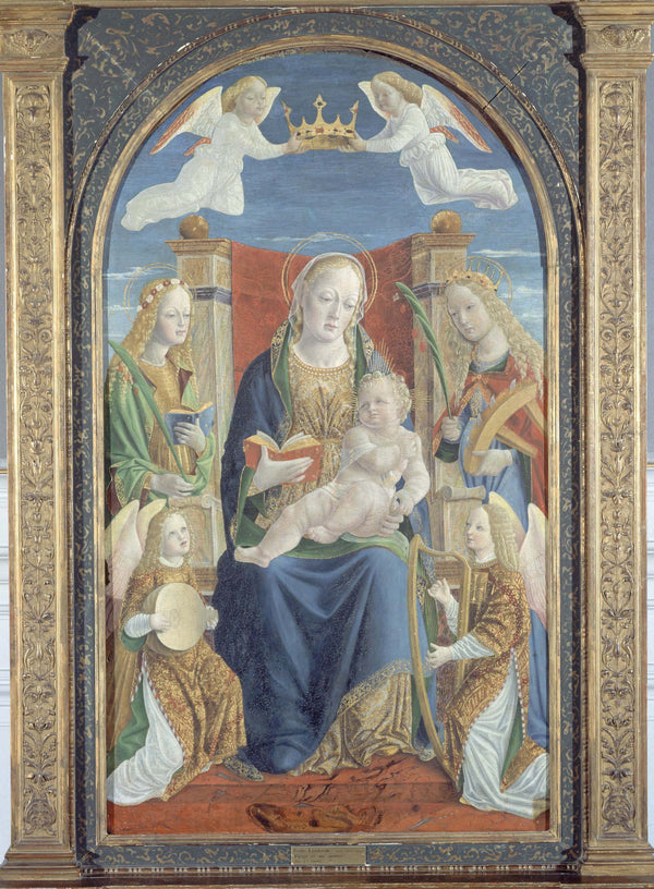 anonymous-1500-virgin-and-child-with-st-dorothy-st-catherine-and-two-musical-angels-art-print-fine-art-reproduction-wall-art