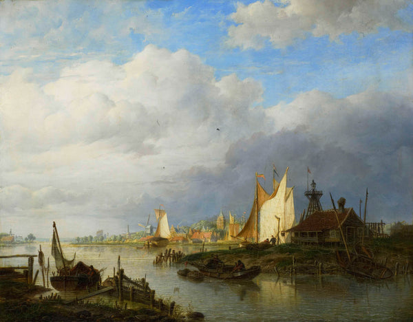 hendrik-vettewinkel-1847-boats-on-a-river-with-a-beacon-of-light-art-print-fine-art-reproduction-wall-art-id-aekklo0qy