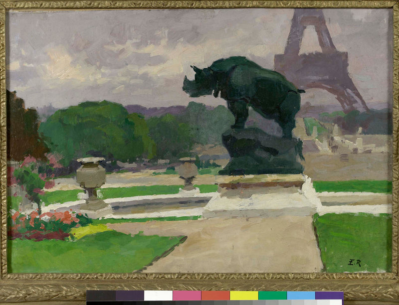 ernest-jules-renoux-1922-trocadero-gardens-with-rhino-jacquemart-art-print-fine-art-reproduction-wall-art