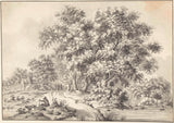 onbekend-1752-landschap-met-zittende-man-en-hondenuitlaters-op-weg-kunstprint-kunst-reproductie-muurkunst-id-aeu356o7o