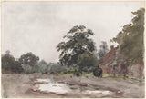 julius-jacobus-van-de-sande-bakhuyzen-1845-plaas-onder-hoë bome-met-water-op-die-voorgrond-kuns-druk-fyn-kuns-reproduksie-muurkuns-id-af20qtunh