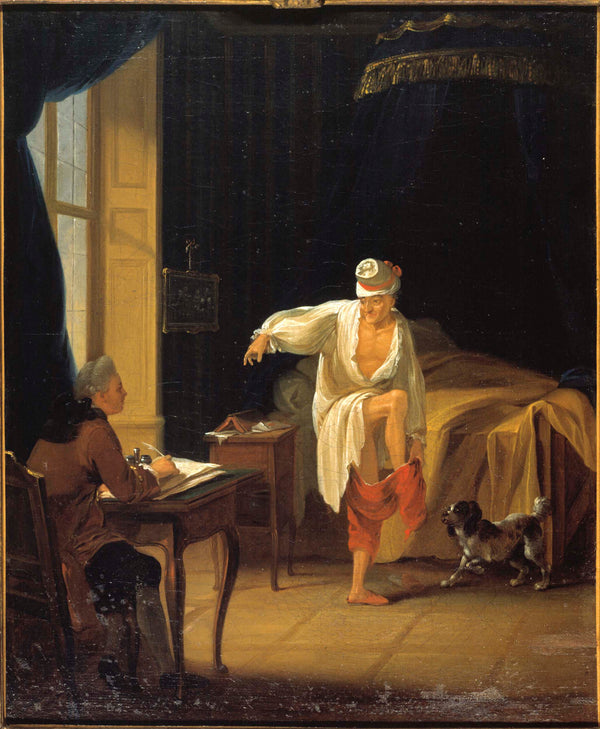 jean-dit-huber-voltaire-huber-1772-voltaire-ferney-sunrise-dictating-to-his-secretary-collini-art-print-fine-art-reproduction-wall-art