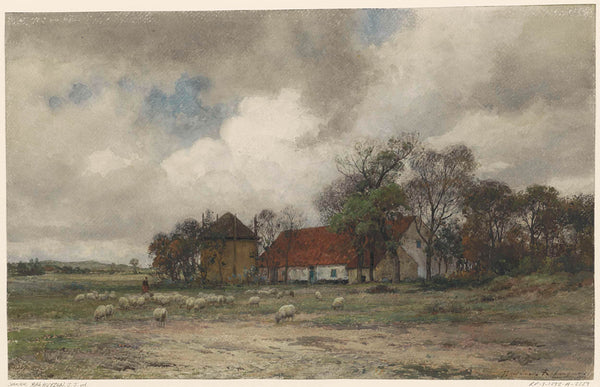 julius-jacobus-van-de-sande-bakhuyzen-1872-landscape-with-farm-and-shepherd-with-sheep-art-print-fine-art-reproduction-wall-art-id-af6t38ei7