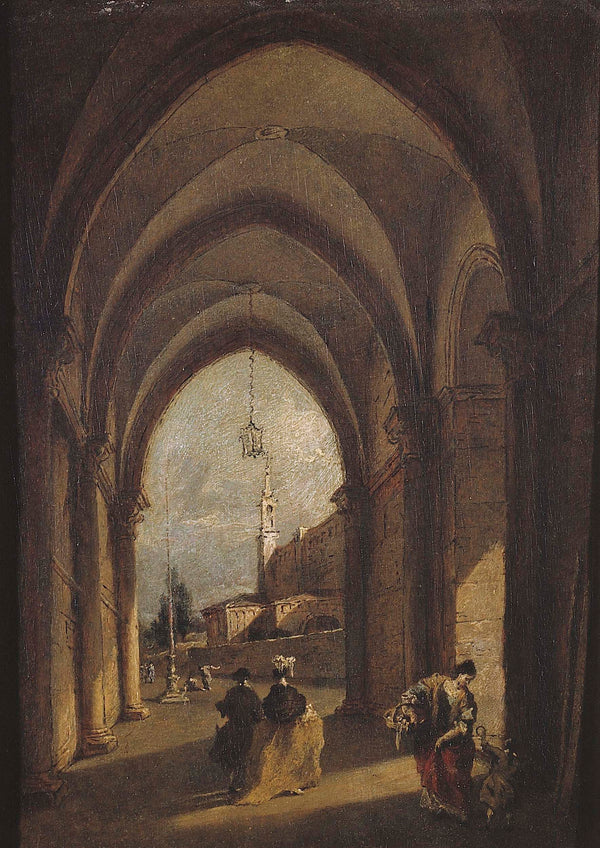ecole-de-ecole-venitienne-venise-gothic-arches-with-landscape-and-figures-art-print-fine-art-reproduction-wall-art