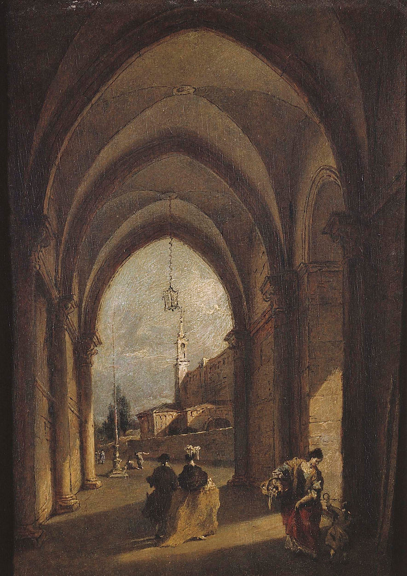 ecole-de-ecole-venitienne-venise-gothic-arches-with-landscape-and-figures-art-print-fine-art-reproduction-wall-art