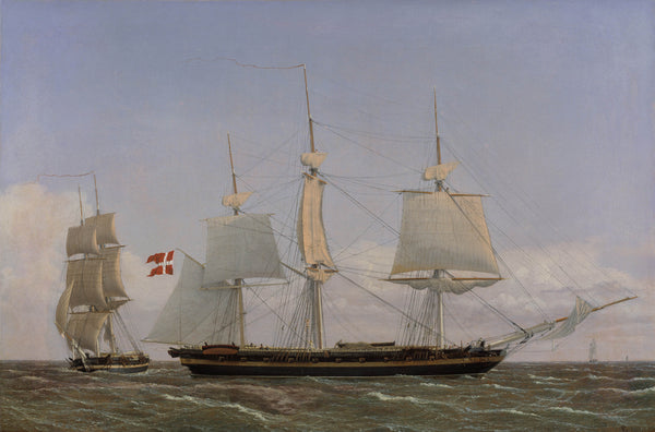 c-w-eckersberg-christoffer-wilhelm-eckersberg-a-danish-corvette-laying-t-in-order-to-confer-with-a-danish-brig-the-scene-being-set-in-west-indian-waters-art-print-fine-art-reproduction-wall-art-id-affjphgbt