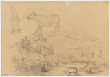 jozef-israels-1834-paisagem-com-vacas-pastando-e-mulher-com-uma-vaca-impressão de arte-reprodução de belas artes-arte-de-parede-id-aftzccxbv