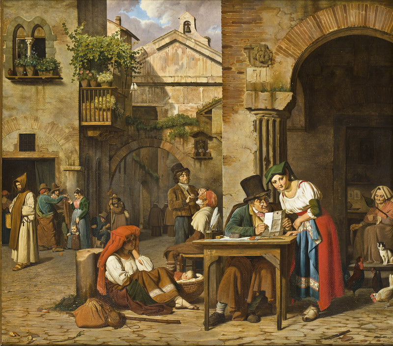 ernst-meyer-1829-a-roman-street-letter-writer-reading-a-letter-aloud-to-a-young-girl-art-print-fine-art-reproduction-wall-art-id-ag106y2jf