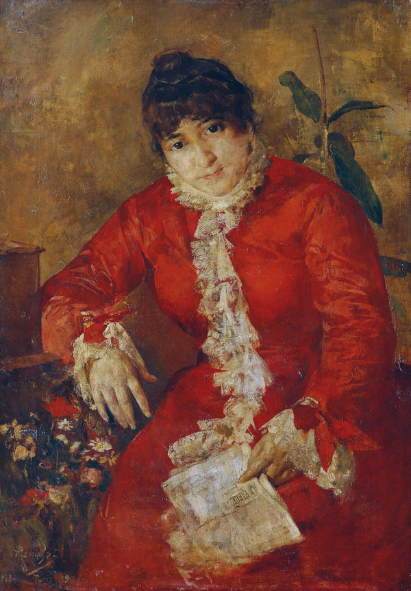 anton-romako-1889-woman-in-scarlet-dress-with-newspaper-and-ficus-art-print-fine-art-reproduction-wall-art-id-ag6mga5e2