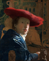 約翰內斯-維米爾-1666-帶著紅帽子的女孩藝術印刷美術複製品牆藝術 id-agd5efz5q