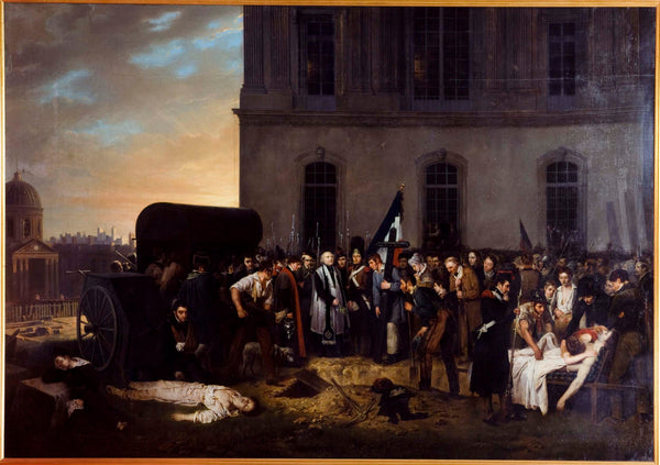 jean-alphonse-roehn-1831-temporary-burial-of-the-victims-of-july-before-the-colonnade-of-the-louvre-art-print-fine-art-reproduction-wall-art