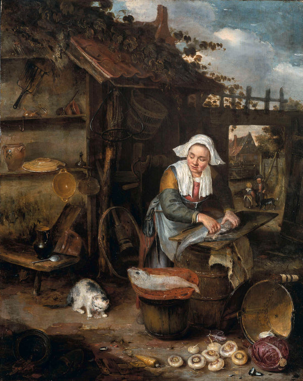 hendrik-potuyl-1639-a-housewife-in-an-inner-courtyard-cleaning-fish-art-print-fine-art-reproduction-wall-art-id-agx60e7xa
