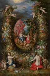 揚·勃魯蓋爾長者 1622 年水果花環圍繞西貝勒的描述，接收來自四個季節擬人化的禮物藝術印刷美術複製牆藝術 id-ahdao921k