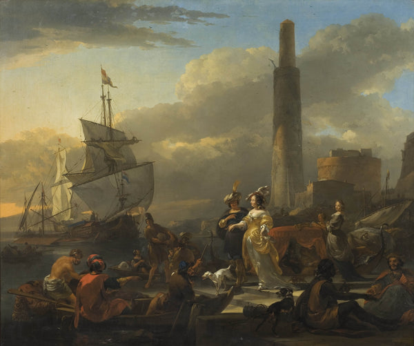 nicolaes-pieterszoon-berchem-1665-a-harbor-scene-port-piece-with-figures-art-print-fine-art-reproduction-wall-art-id-ai4iki2ao