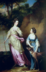 francis-cotes-1765-den hedervärda damen-stanhope-och-grevinnan-av-effingham-as-diana-och-hennes följeslagare-konsttryck-finkonst-reproduktion-väggkonst-id- aihqr5tm7