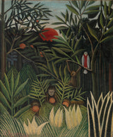 亨利·盧梭-原始森林中的猴子和鸚鵡-叢林中的猴子和鸚鵡-藝術印刷-美術複製-牆藝術-id-ajdfnaclt