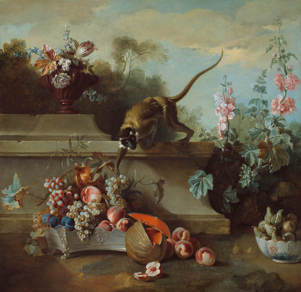 jean-baptiste-oudry-1724-still-life-with-monkey-fruits-and-flowers-art-print-fine-art-reproduction-wall-art-id-ajds8p944