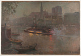adolphe-ernest-gumery-1890-bateau-mouche-på-noten-på-kvällen-framför-notre-dame-konsttryck-konst-reproduktionsväggkonst