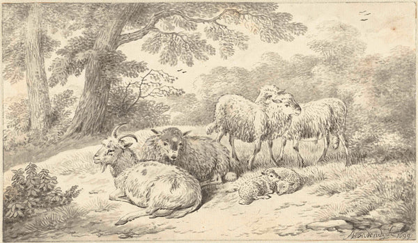 adriaen-oudendijck-1699-three-sheep-two-sheep-and-a-goat-in-a-wooded-art-print-fine-art-reproduction-wall-art-id-ajk4rhy5k