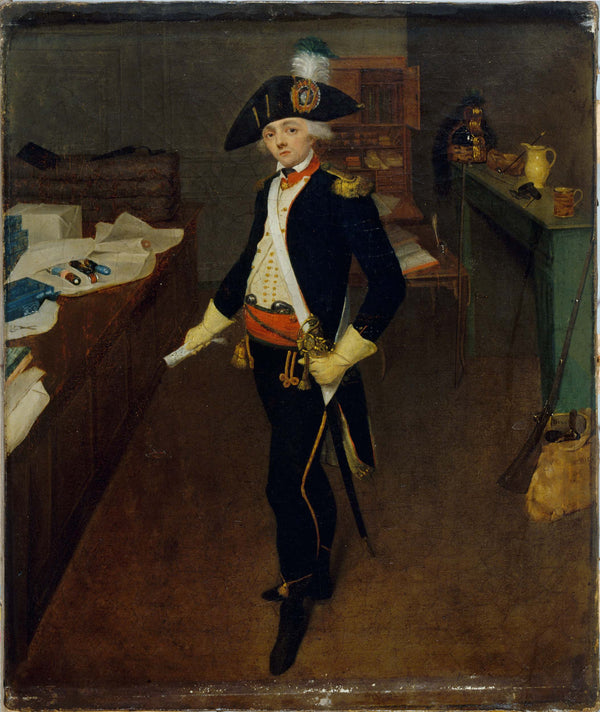 jean-marie-hooghstoel-1790-mr-estelle-dealer-rue-saint-honore-braids-uniformed-captain-hunters-of-the-national-guard-in-1790-art-print-fine-art-reproduction-wall-art