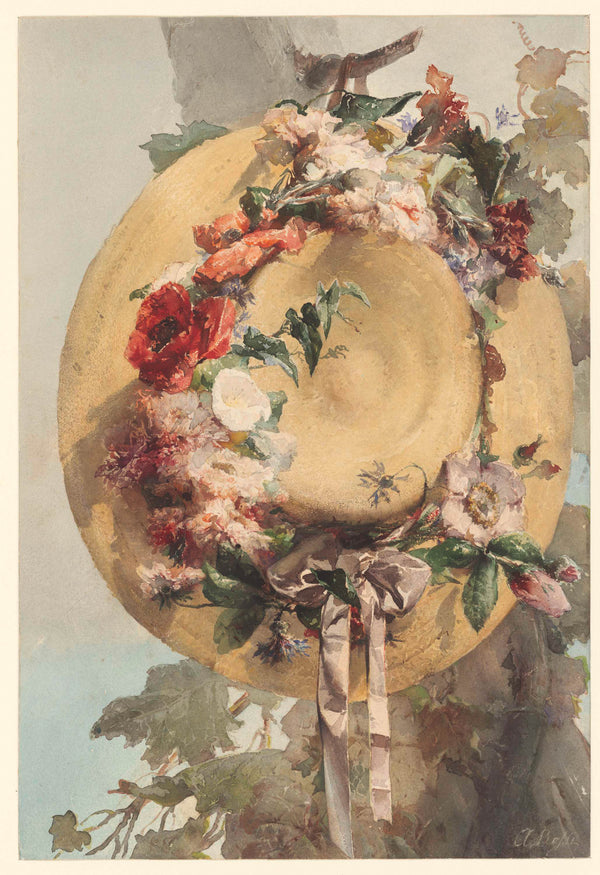 a-rossi-1862-straw-hat-with-flowers-hung-on-a-tree-branch-art-print-fine-art-reproduction-wall-art-id-ak2hqjs7p