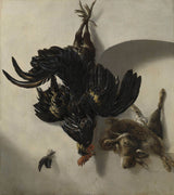 cornelis-lelienbergh-1659-still-life-with-black-rooster-and-two-rabbits-art-print-fine-art-reproduction-wall-art-id-akvpmlx2g